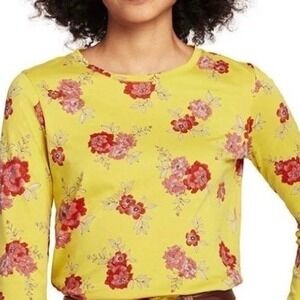 Lands End Womens XL Relaxed Fit Supima Cotton Long Sleeve Floral Tee Yellow
